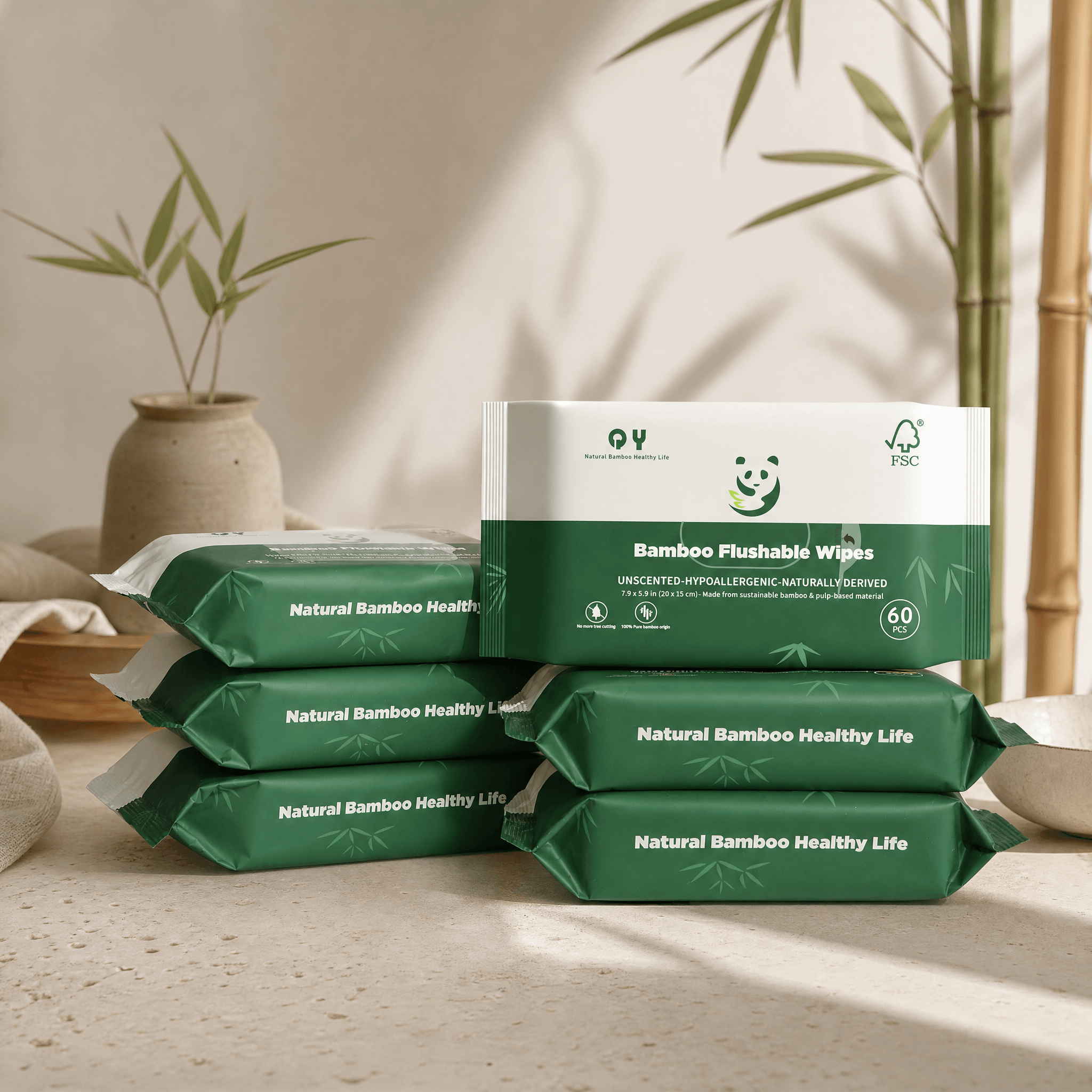 Six packs of Qingya flushable bamboo wipes, 60 sheets each, septic safe and biodegradable, displayed on a clean white background.