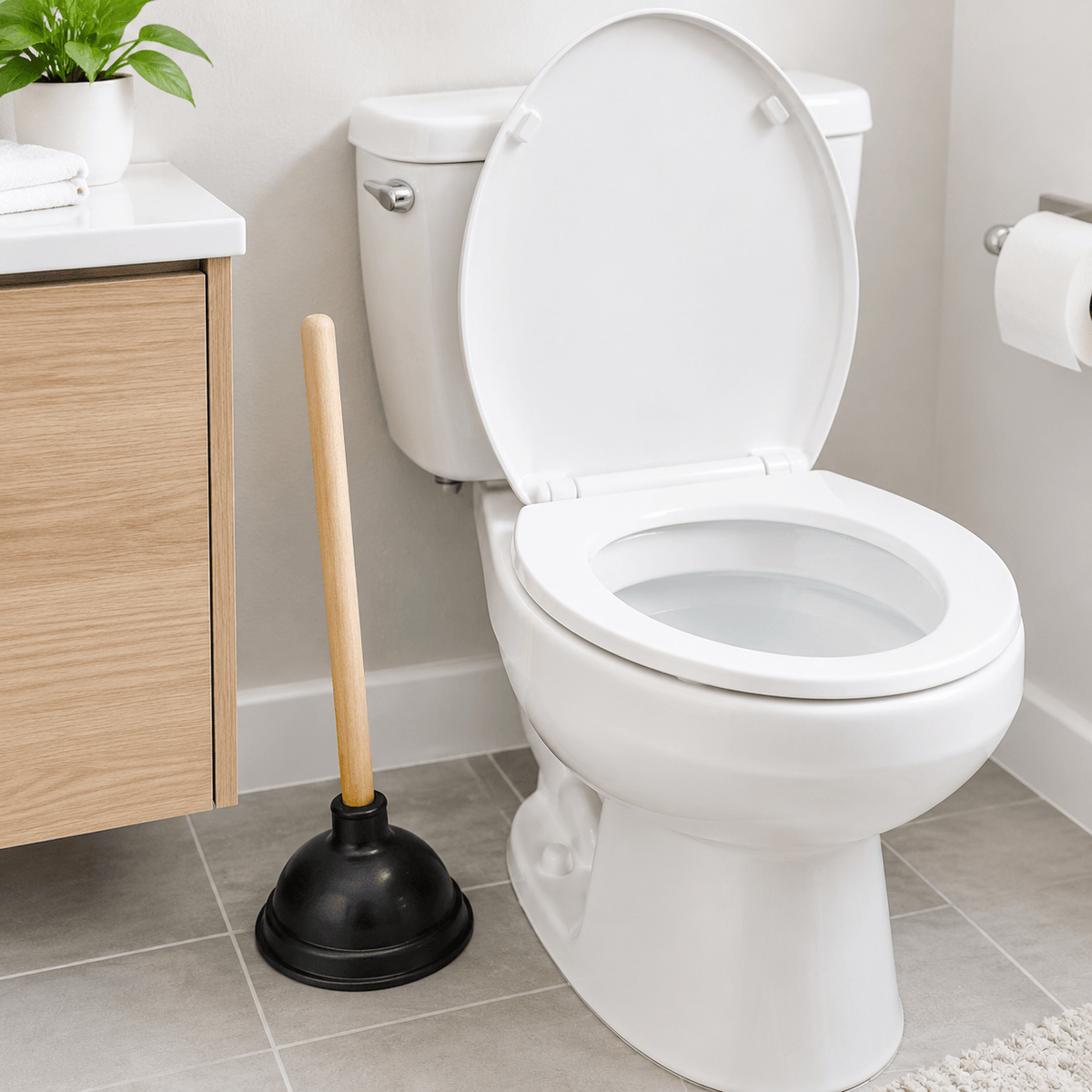 Using a toilet plunger to unclog a toilet in a clean bathroom