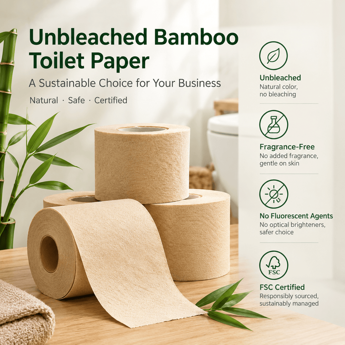 Unbleached bamboo toilet paper with no fragrance or fluorescent agents, offering a gentle, hypoallergenic option for sensitive skin.