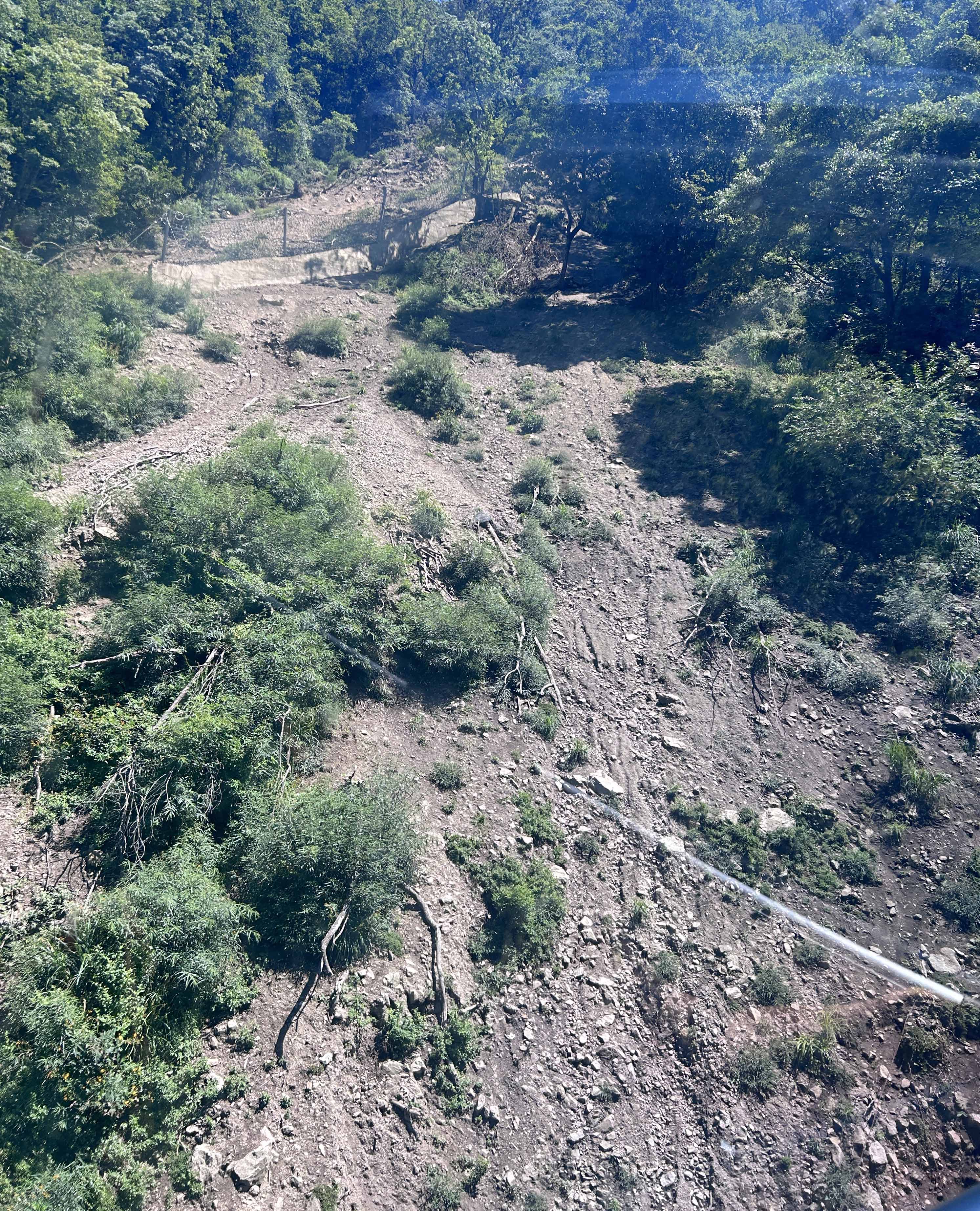 Landslide caused by deforestation on barren hillside, severe soil erosion after forest clearing—a stark warning of the devastating ecological damage from virgin wood pulp paper production.