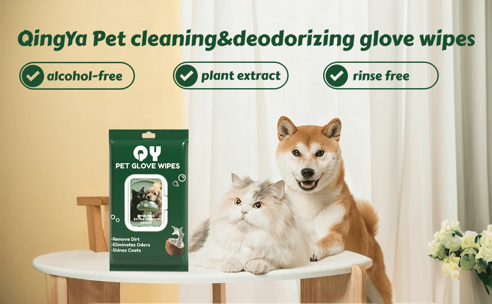 QingYa pet cleaning deodorizing glove wipes alcohol-free plant extract rinse free remove dirt eliminates odors shines coats