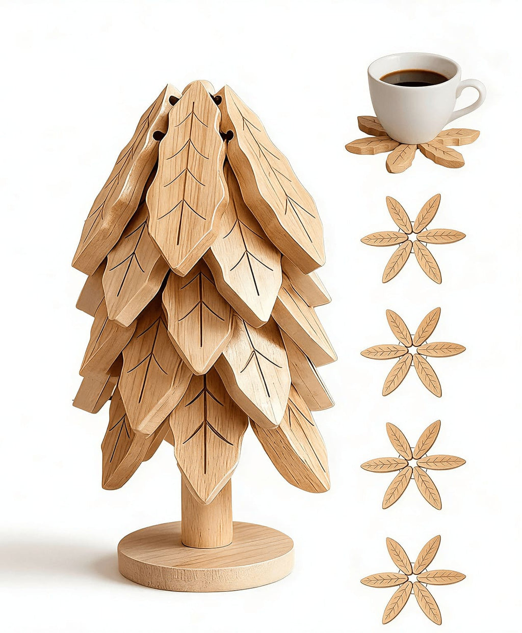 Bamboo Tree Trivet Set with 5 folding wooden leaves and stand, heat-resistant coasters for hot dishes, space-saving kitchen decor.