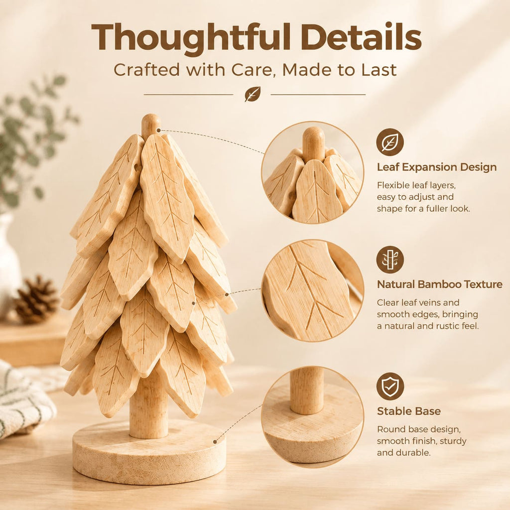 Close-up of bamboo tree trivet details: flexible leaf expansion, natural wood texture, and stable round base.
