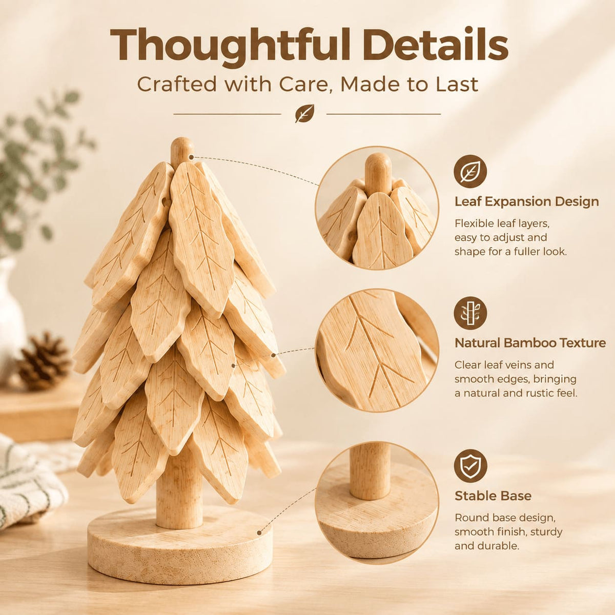 Close-up of bamboo tree trivet details: flexible leaf expansion, natural wood texture, and stable round base.
