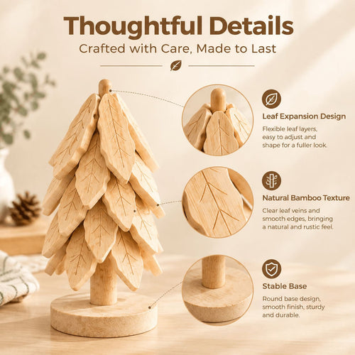 Close-up of bamboo tree trivet details: flexible leaf expansion, natural wood texture, and stable round base.
