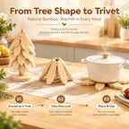 Wooden tree trivet set transforming from a decorative tree into a functional leaf-shaped trivet for hot pots and bowls.