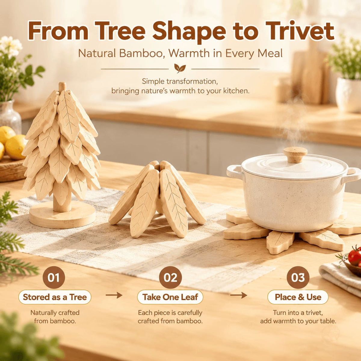 Wooden tree trivet set transforming from a decorative tree into a functional leaf-shaped trivet for hot pots and bowls.