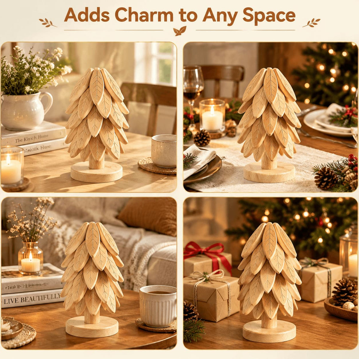 Bamboo tree trivet as elegant table decor for dining rooms, living spaces, and holiday Christmas settings.