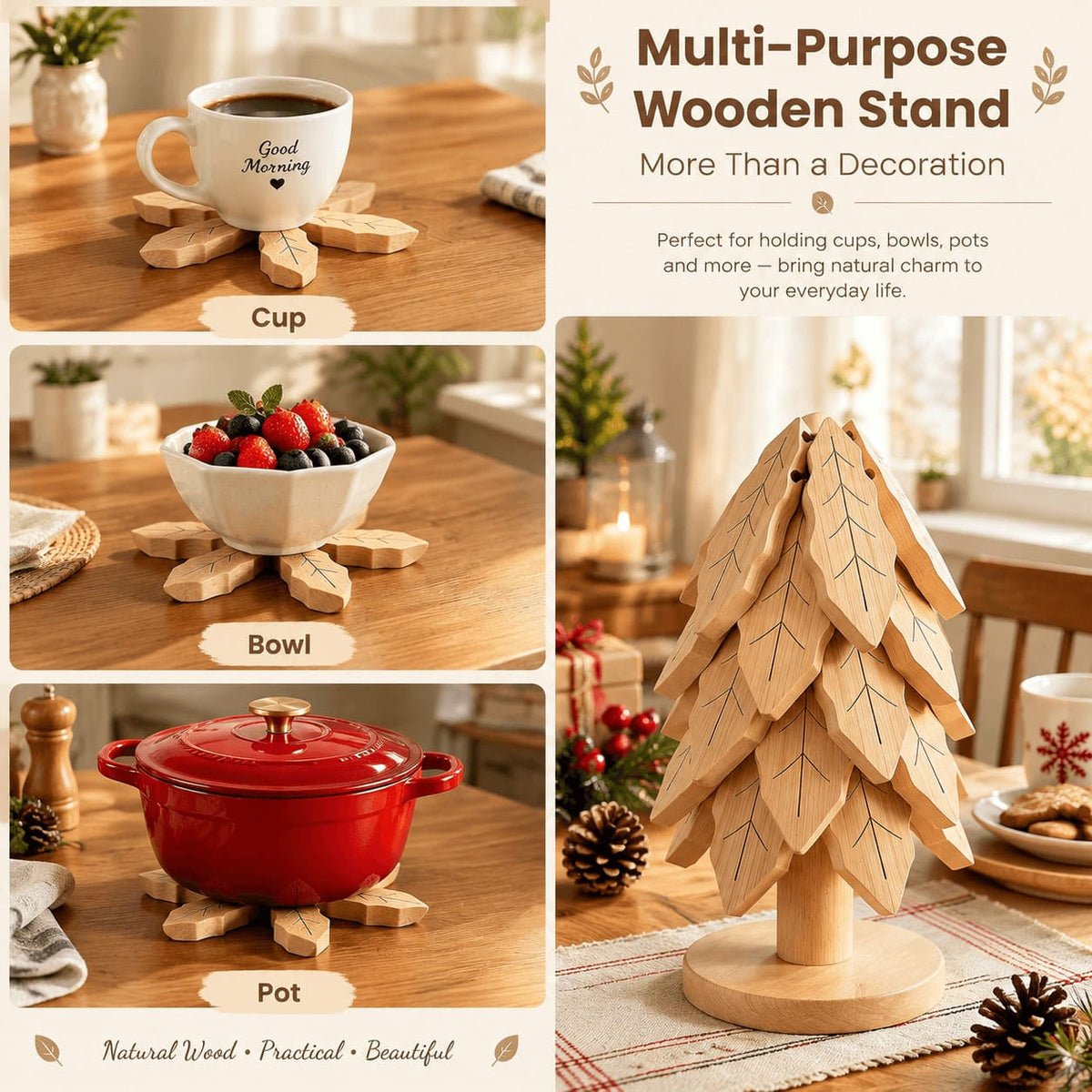 Multi-purpose wooden trivet set holding a coffee cup, fruit bowl, and hot cast iron pot, protecting tables from heat.