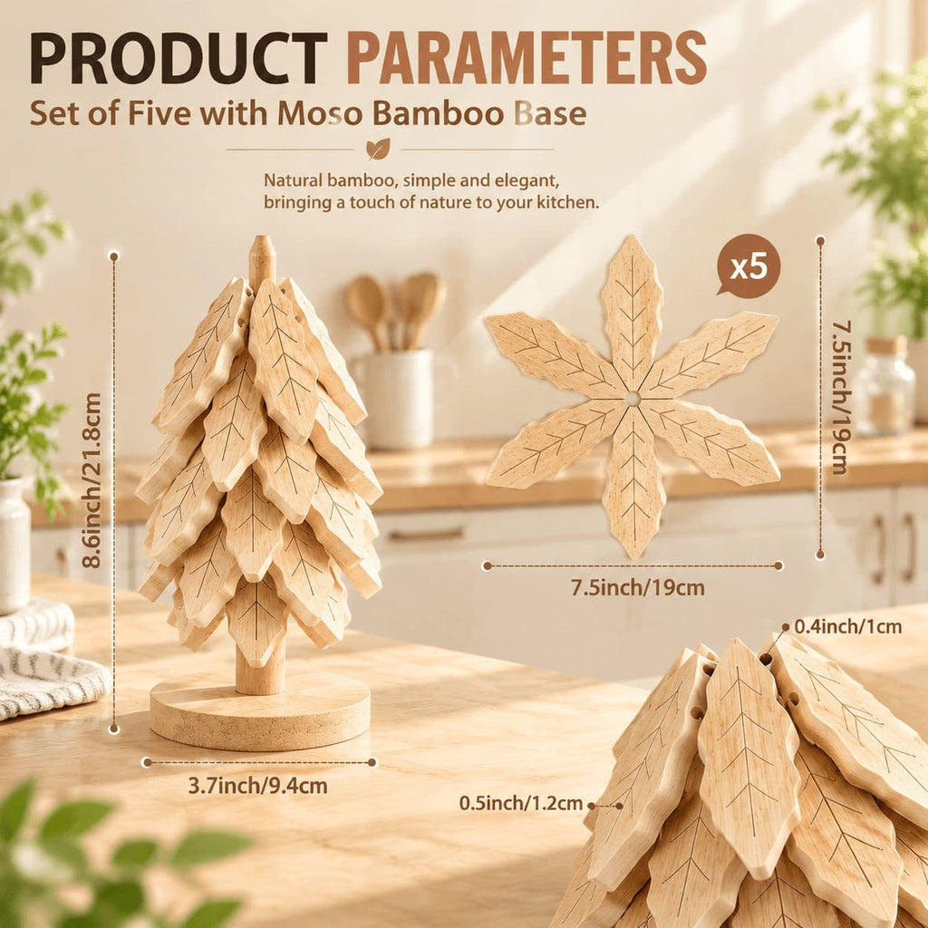 Wooden tree trivet set transforming from a decorative tree into a functional leaf-shaped trivet for hot pots and bowls.