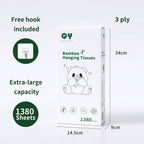 bamboo hanging tissues 3-ply 1380 sheets extra-large capacity size 34cm x 14.5cm x 9cm free hook included